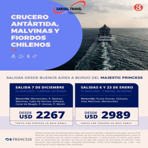 Antartida, Malvinas y Fiordos Chilenos con MAJESTIC PRINCESS. Salidas 6 y 23 de enero 2027 desde Bs.As.
